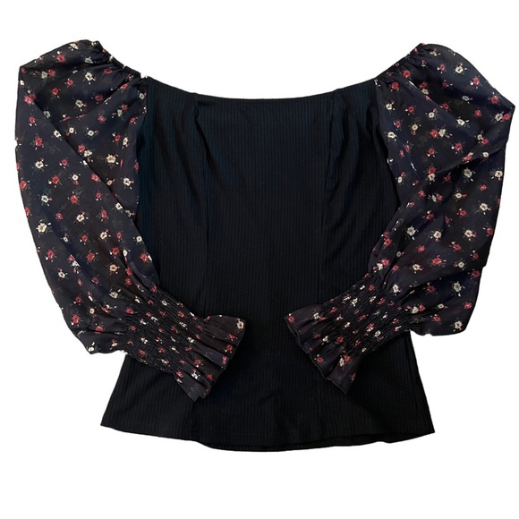 NWT BLACK RIBBED FULL LENGTH TOP WITH FLORAL PRINT MESH LONG SLEEVES SIZE SMALL - Picture 2 of 7